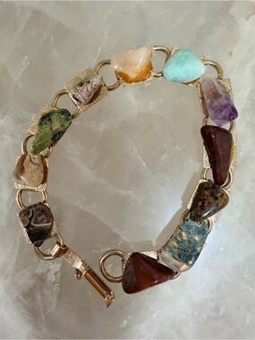 Multicolor Natural Stone Link Bracelet - Gold Tone 7" L